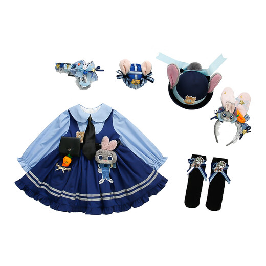 Dan Bird King Girls Judy Rabbit Police Officer Princess Dress Spring and Autumn Children's College Style Dress COS Clothing Girls Lolita Blue Dress + Tie 110 Codes