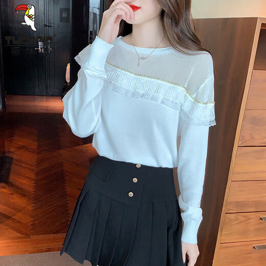 
Woodpecker 2025 autumn and winter new fashion mesh spliced ruffle knitted base shirt fashionable women's sweater top white S