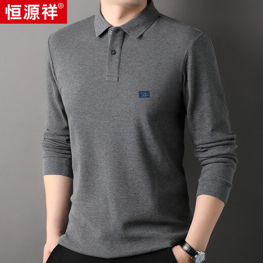 Hengyuanxiang 100% cotton long-sleeved T-shirt men's lapel Polo casual versatile top HJ155 medium gray 180/96A