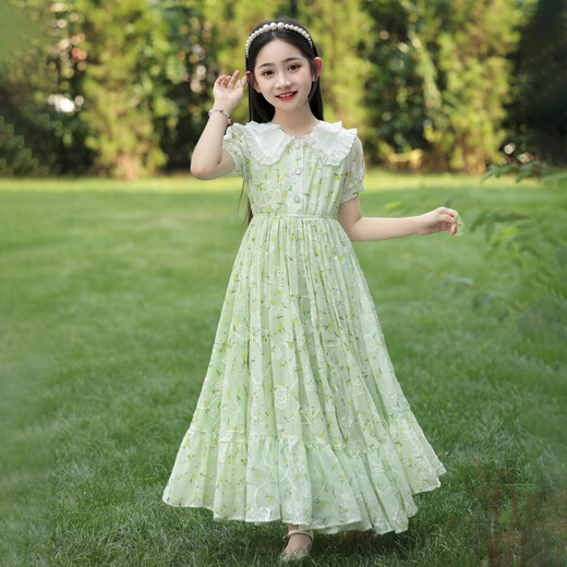G.DUCK KIDS girls' dress summer 2025 new fashionable children's chiffon floral skirt thin big children's summer cotton skirt 6630 light blue free pearl headband 160 cm