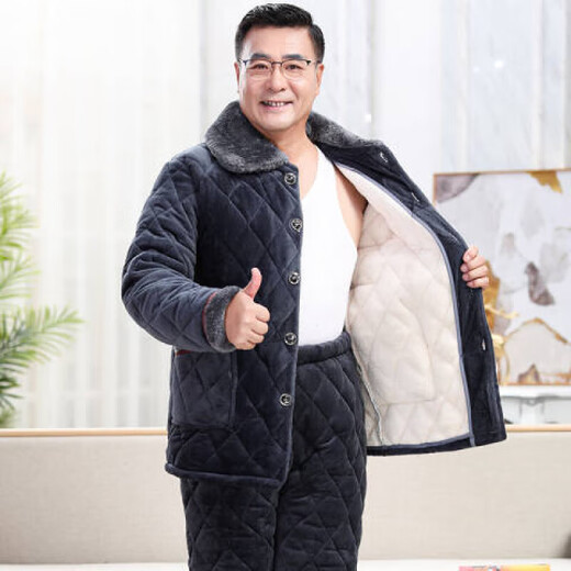 Pajamas de Dandian pour hommes en hiver, coton à trois couches plus veste en coton épaissis en velours corallien moyen et âgé de papa de l'âge moyen C9901 # hommes gris noir [Velvet de lait] L (100-125jin [Jin équivaut à 0,5 kg]) à trois couches épaisse