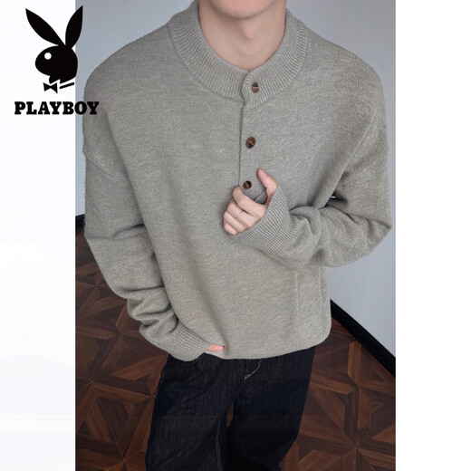 Playboy Henley Collar Half Turtleneck Sweater Men's Autumn American Loose Sweatshirt Jacket Men's Lazy Style Sweater Men Black 2XL