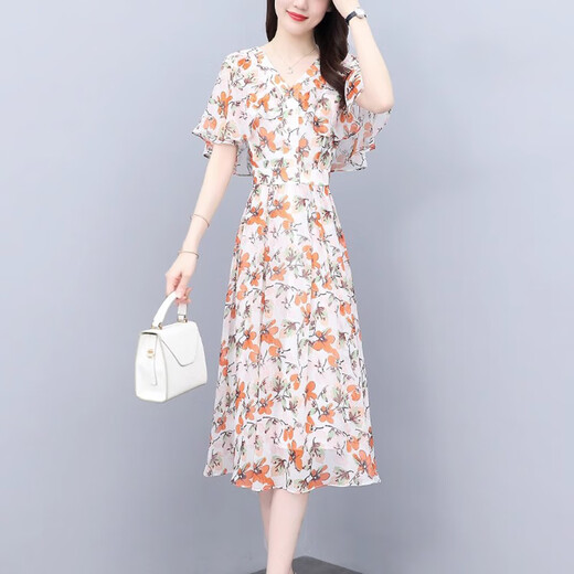 XAE奢侈高档品牌短袖连衣裙女2025夏季新款V领气质洋气雪纺碎花长裙 桔花 L