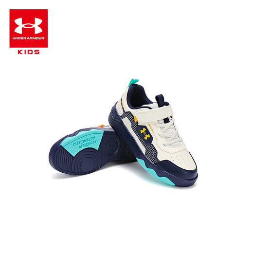 Under Armor children's shoes, men's and women's sneakers, autumn and winter leather warm cushioning, medium and large children's outdoor casual sports shoes, off-white/blue 37.5