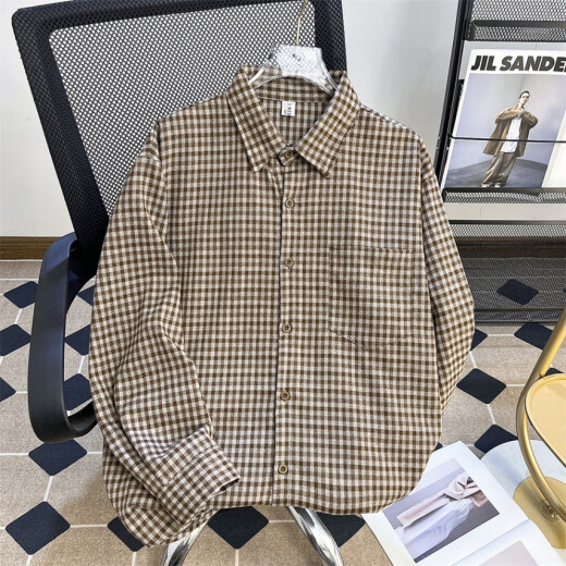 Bangqi Plaid Casual Shirt Men's Spring and Automne Shirt Shirt Lapon Corean Top Retro Retro Loose Veste C694-Black M