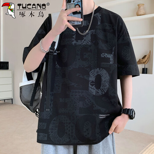 啄木鸟（TUCANO）短袖t恤男士夏季宽松透气上衣服潮流高端半袖休闲男装 黑色  XL 