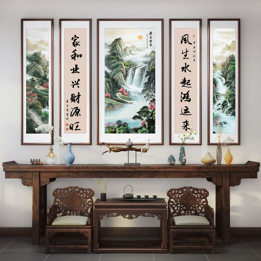 Las pinturas de Wulianzhongtang de la sala principal, la sala de estar de Villa es elegante, la casa rural de auto-construida, las pinturas de decoración del paisaje de la sala ancestral, el 70% de la elección del cliente en el medio, el medio es 12060+4 12025cmps, bordes ambientales ambientales ambientales.