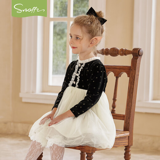 Snuffy girls dress, children's princess dress, autumn velvet gold-tone stitching mesh dress, fashionable and elegant, black 120