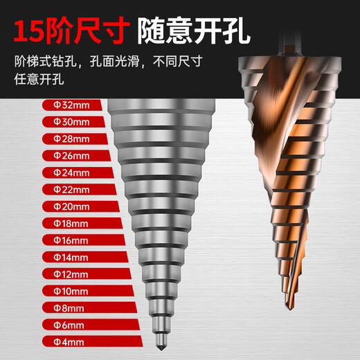 Huhao M35 cobalt-containing pagoda drill bit, high hardness stainless steel special hole opener, electric drill, enlarging hole, conical step drill, reinforced 4241, straight groove 4-12mm hexagonal shank, fifth level