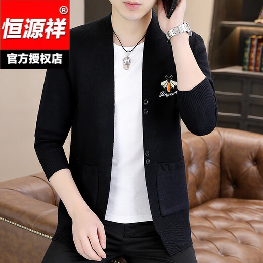 
Hengyuanxiang knitted cardigan men's spring and autumn youth and middle-aged fashion brand slim sweater jacket men's outer wear embroidered top K16818 black M