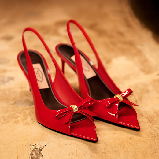 Only girl [Butterfly] 2025 summer new style fish mouth high heels cow patent leather temperament bow strap sandals women's thin heels red 7.5cm 34