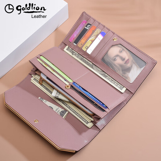 Goldlion Wallet Women's Long Genuine Leather New Style Fashion Simple Tri-fold Clutch Gift Mom Lady's Handbag [Pink Taro] [Official]