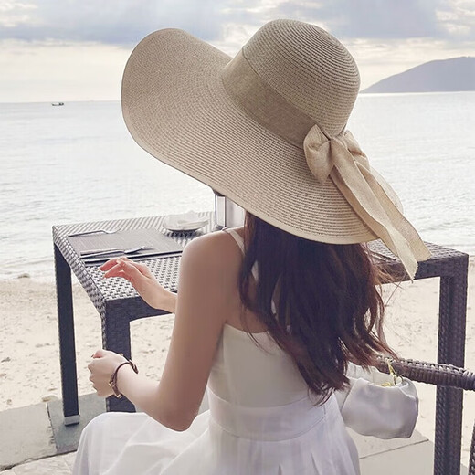 The bright moon returns to the beach straw hat for women in summer, seaside vacation, big hat brim, sun hat, big edge, spring and autumn outing fisherman's hat beige 16cm hat brim, all size