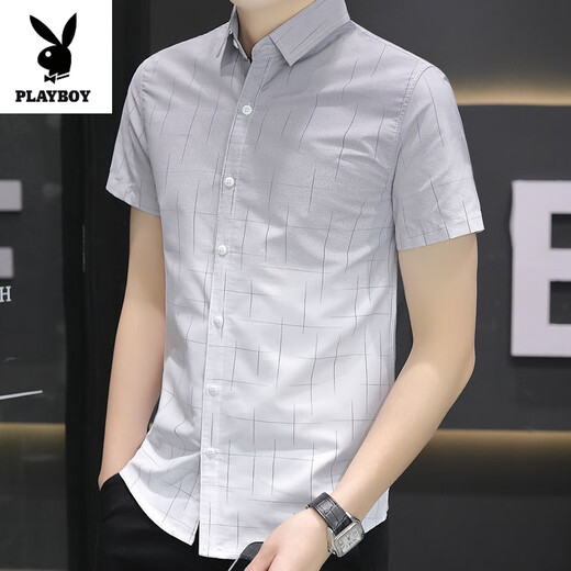 Playboy (Playboy) Ice Seide Kurzärärmungshemd für Männer Sommerläufigkeit Casual Hemd halbärmelige Quadratkragen vielseitig 844 Khaki XL