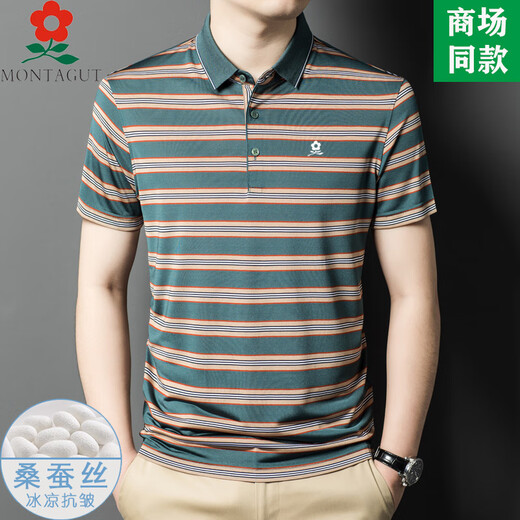 梦特娇（MONTAGUT）夏季男士短袖t恤桑蚕丝翻领冰爽条纹短袖中年宽松polo衫 SJ1503-红色 M 165_适合100-115斤