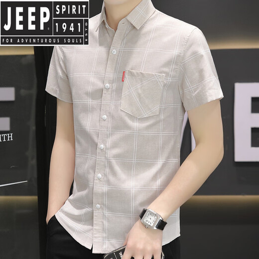 JEEP SPIRIT2025新款衬衫夏季款男士短袖格子衬衣休闲韩版修身上衣服 844卡其 M 80-104斤