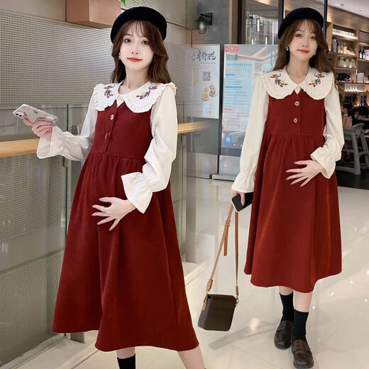 Maternity dress spring and autumn new design sense maternity wear loose doll collar shirt + vest sweet age-reducing trend red two-piece set L
