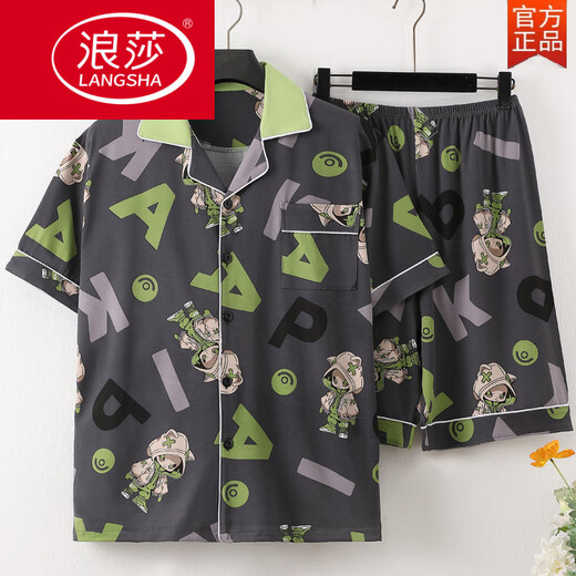 Langsha (Langsha) Summer de algodón de algodón delgado de algodón de algodón de algodón de algodón Juego de ropa para hombres Versión coreana de dibujos animados de verano