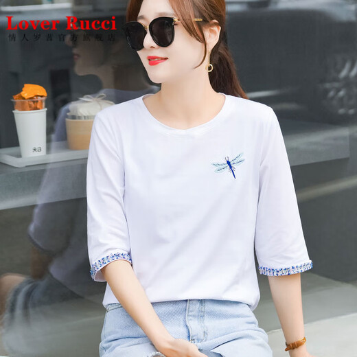 LOVER RUCCI pure cotton 70-quarter sleeve T-shirt for women loose temperament age-reducing pink mid-sleeved T-shirt spring and autumn summer 2025 new top W6172 ice blue mid-sleeved M (recommended 80-105Jin [Jin equals 0.5 kg])