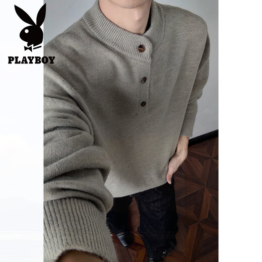 Playboy Henley Collar Half Turtleneck Sweater Men's Autumn American Loose Sweatshirt Jacket Men's Lazy Style Sweater Men Black 2XL