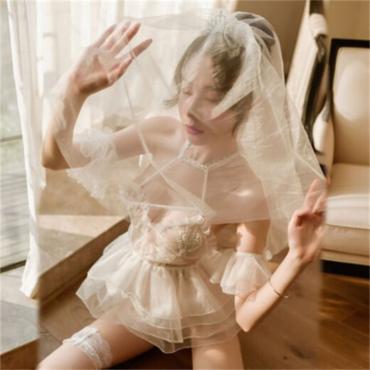婚纱情趣女性感睡衣透明蕾丝婚纱情趣制服挑逗火辣诱惑套装裙 纯情白套装+9756+模特袜 均码80-120斤