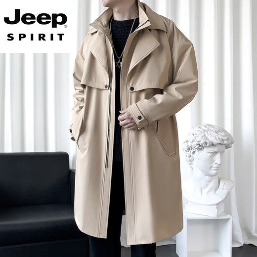 JEEP SPIRIT High-End Mid-Length Windbreaker Men's Stand Collar Cape Coat 2025 Autumn New Fashion Casual Jacket Men's 104 Black XL 126-140Jin Jin is equal to 0.5 kg