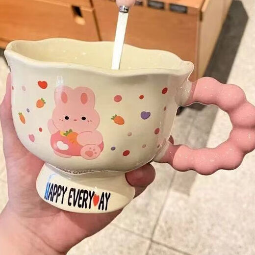 Ye Yu's high-looking cartoon mug, ceramic couple cup, ins style birthday gift, souvenir for girls, pink cute bunny, round cup and spoon