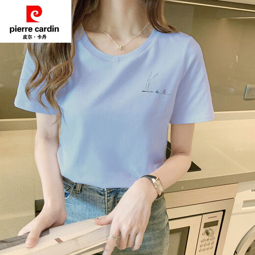 Pierre CARDIN milk apricot color shoulders Chinese style pure cotton short-sleeved T-shirt for women loose basic T-shirt summer 2025 new top trend 6172 smoky purple M (recommended 80-105Jin [Jin equals 0.5 kg])