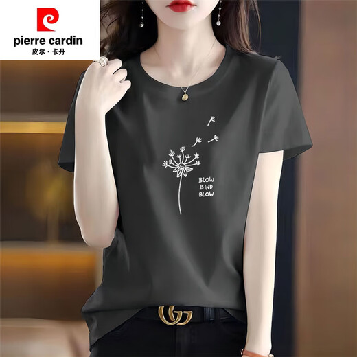 皮尔卡丹（PIERRE CARDIN）纯棉短袖t恤女士宽松简约气质减龄粉色体恤小衫夏装2025新款上衣 6172灰粉 M 80-105斤