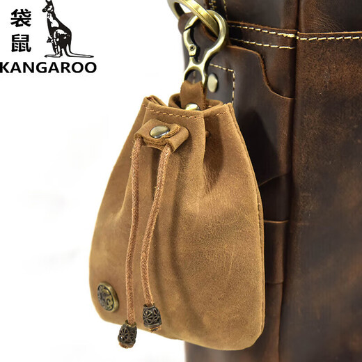 袋鼠（KANGAROO）牛皮硬币包文艺迷你钥匙包零钱包复古短皮革小钱包数据线收纳包 NC0004-疯马棕红