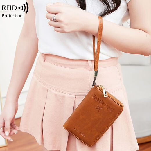 New new certificate bag anti-theft brushing RFID passport clip zipper ID card wallet money clip multifunctional travel passport bag light brown