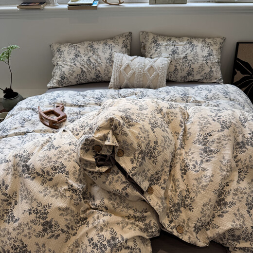 Autumn and winter thickened American retro style original linen retro button style bed four-piece set 2025 new bed sheet and quilt cover Original linen retro-midsummer 1.8m fitted sheet four-piece quilt cover 200x230