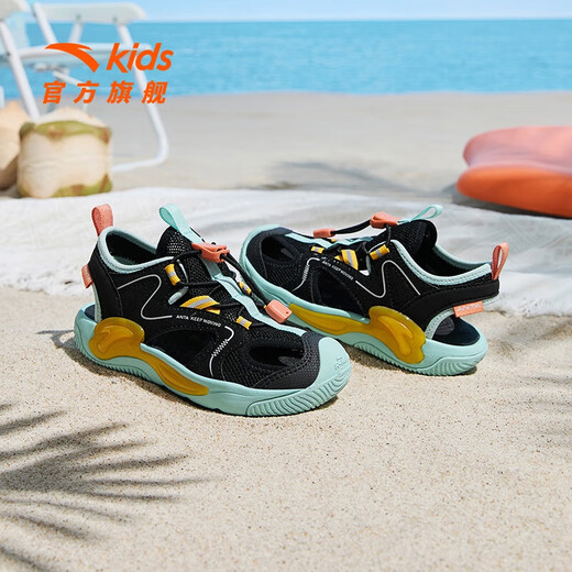 ANTA children's sandals for men and women, beach shoes for summer, toe-toe, breathable, comfortable, soft-soled outdoor shoes, black/ice water green/gum yellow-2 29