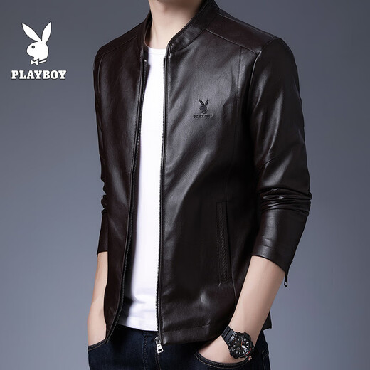 Playboy (PLAYBOY ICON) 2024 new PU leather men's leather jacket Korean style trend autumn and winter leather jacket motorcycle plus fleece jacket handsome trend MT-2079 black plus fleece 4XL
