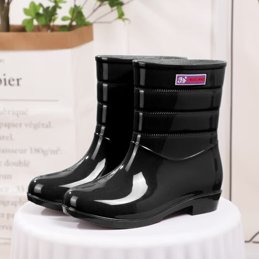 Rain boots for women's non-slip waterproof water shoes for mid-tube women's rain boots kitchen shoes cleaning work shoes plus velvet warm rubber shoes black [single shoes] standard size 36