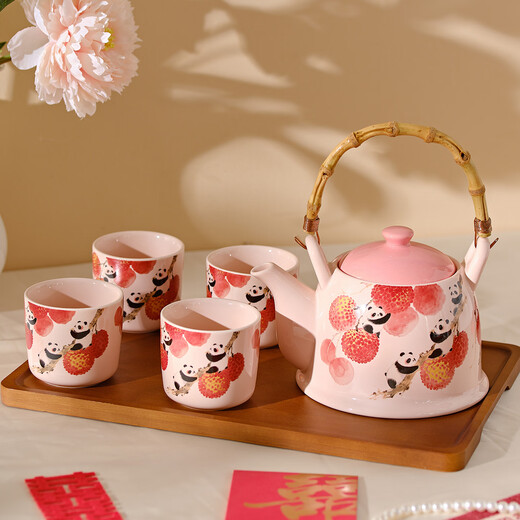 DearDali Panda Wedding Tea Set as a wedding gift for the newlyweds, as a wedding gift for your bestie, as an engagement kettle, a high-end practical teapot, a cup, a bear hug with lychees, a pot of six cups, a high-end gift box - upgraded DIY acrylic stickers