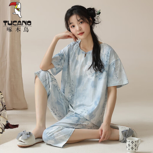 Tucano; Pajamá de pijama de manga corta de estilo carpintero de estilo carpintería para el estilo de algodón de algodón para el algodón de algodón de algodón para mujeres para el estilo delgado de verano se pueden usar fuera de LZZE9901 L (recomendado 95-115Jin [Jin equivale a 0.5 kg])