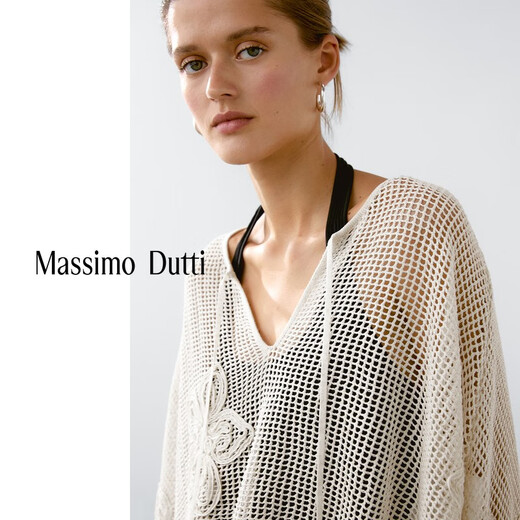 Massimo Dutti折扣升级2025女装海岛度假风刺绣镂空网眼V领针织罩衫05764716 米白色 M (170/92A)尺码偏大