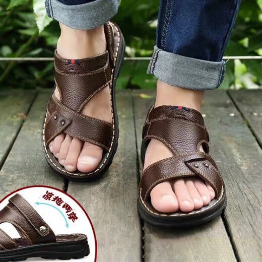 Dadong (Dusto) Chaussures de bonnet d'été Sandales masculines Men's Men's Casual Top Layer Cowhide Beach Chaussures Nouvelles sandales à double usage confortables Général 100 Brown 9928 38