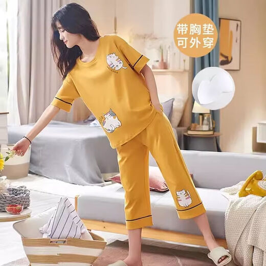 檬纤睡衣女夏季带胸垫一体女士短袖棉七分裤套装韩版可爱网红家居服 带胸垫679巴比熊短丶袖七分裤 M 75-95斤左右
