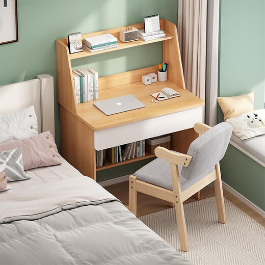 Simple desk bookshelf integrated student writing study table small apartment bedroom home office desktop computer table 80cm Nordic maple color