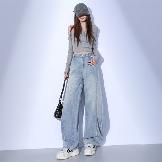 
Light-colored scimitar jeans for women in summer 2025 new pear-shaped meat-covering drooping small banana wide-leg pants light blue trousers L size recommended 110-119Jin [Jin equals 0.5 kg]