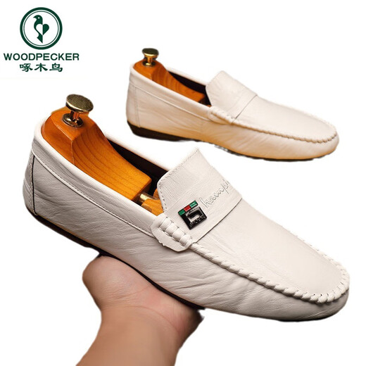 Woodpecker Beanie Shoes Men's Spring and Autumn New Men's Shoes Korean versatile Men's Casual Leather Shoes One-Part Driving Lazy Shoes 825 White 39