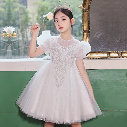 Bamino Girls 'Kleid leichte Luxus Sommer Kinder Klavier Performance Anzug Geburtstag Blumenmädchen Gastgeber Prinzessin Kleid Weiß 160