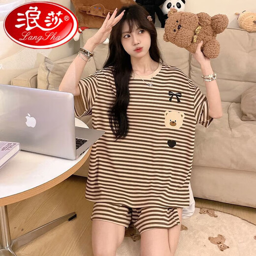 Langsha Pajamas para mujeres en el verano delgado de manga corta nueva oso nuevo set de dos piezas Cartoon Girl College Student Ropa para el hogar se puede usar fuera de 691 Patrón negro Bear L tamaño [peso 90-110Jin [Jin iguala 0.5 kg] Tamaño promedio