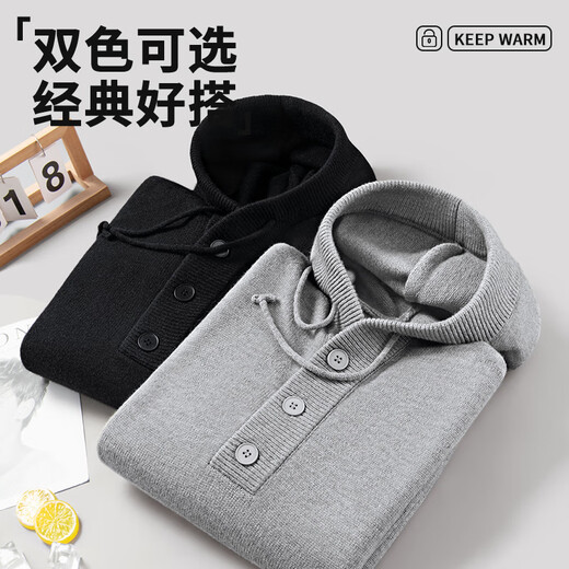 MINISO Japanese Casual Sweater Men's Autumn and Winter Warm Trendy Design Henley Collar Hooded Sweater Black M