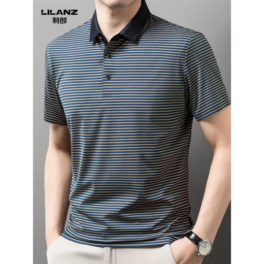 
Lilang men's lapel short-sleeved T-shirt summer striped young and middle-aged business casual POLO shirt ice-sensing breathable top Navy blue 13691 S 165