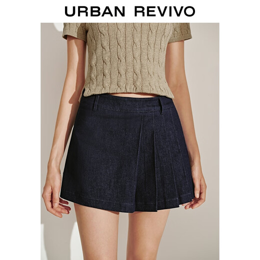 UR2025 Summer New Women's Retro College Style Casual Pleated Denim Shorts UWM850136 Indigo 25