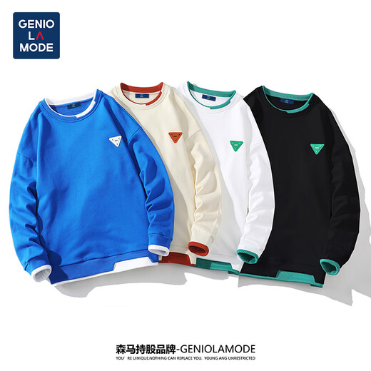 GENIOLAMODE velvet sweatshirt for men with contrasting color fake two-piece irregular fashionable round neck top for men