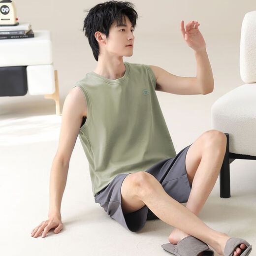 梦心声无袖睡衣夏季纯棉套装背心男士新款家居服男款薄款短裤可外 梦背心套装：OMM13658 L